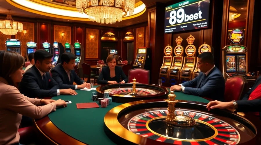 Players enjoy a thrilling poker game at 89bet's luxury casino, surrounded by vibrant slot machines.