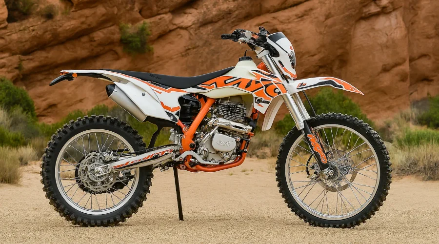 Kayo dirt bike with orange and white graphics parked