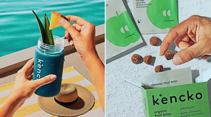 Kencko Smoothie and organic fruit bites displayed outdoors.