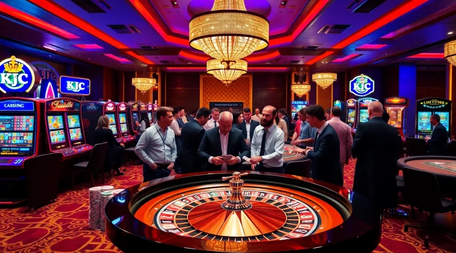 Players enjoying a thrilling KJC casino experience at a roulette table with colorful chips and cards.