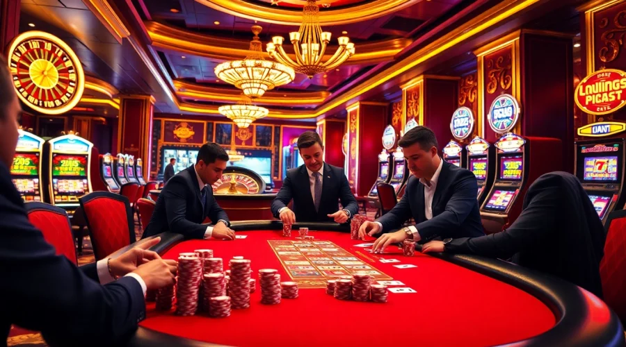 Win55 players strategizing at a luxury poker table in an upscale casino setting.