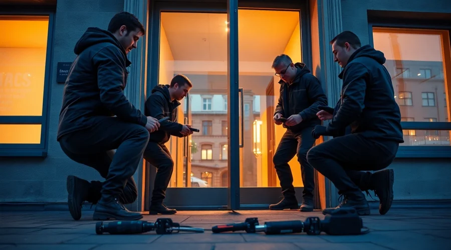 Schlüsselnotdienst Mannheim-Techniker öffnen fachkundig eine Tür und betonen professionelle Schlüsseldienstleistungen.