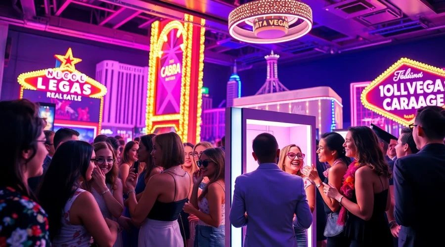 Engaging scene of a Las Vegas photo booth rental with guests enjoying colorful props at a lively event.