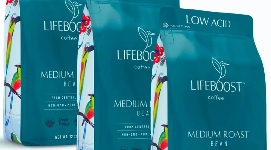 Lifeboost Coffee medium roast bags showing low acid beans
