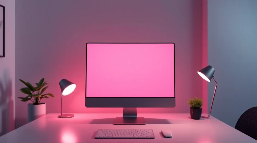 Bright pink screen illuminating a modern workspace, enhancing creativity and calm.