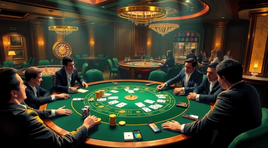 Players enjoying a thrilling poker game while managing their credit at a luxurious casino table.