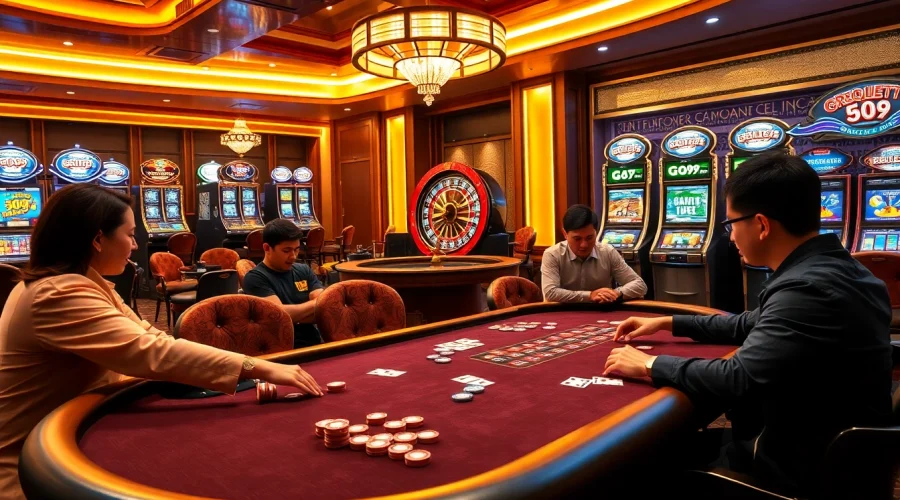 Engage in a thrilling poker game at the GO99 casino, surrounded by vibrant gaming elements.