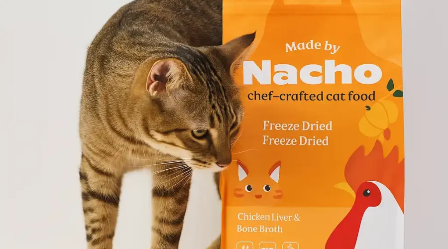Made by Nacho cat food with tabby cat