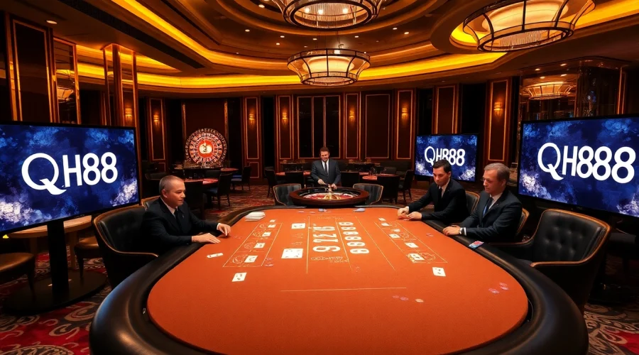 Playing poker at a luxurious casino table, showcasing QH88 promotions and high stakes ambiance.