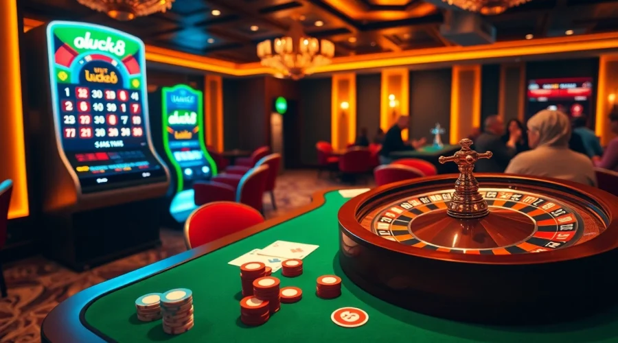 Players enjoying thrilling casino games, highlighting the luck8 experience with poker chips and roulette.