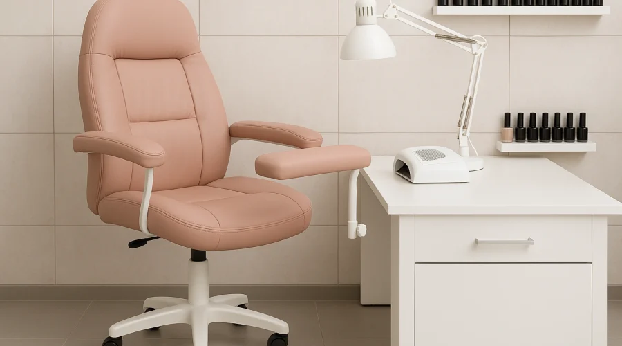 Blush pink nail technician chair beside white manicure station