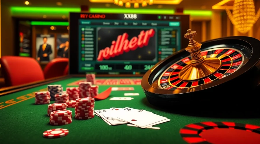 Experience the thrill of XX88 with a vibrant casino scene featuring poker chips and roulette.