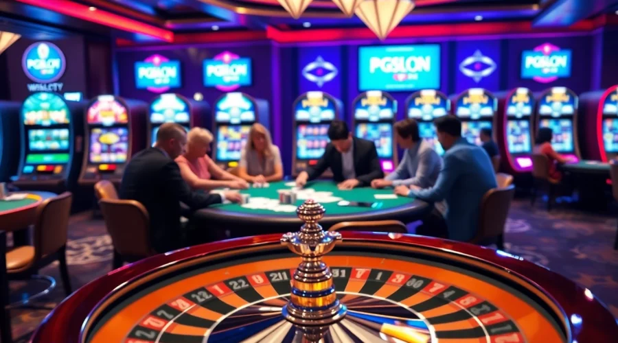 Engaged players at a lively poker table in a luxurious casino featuring PGSLOT IN branding.