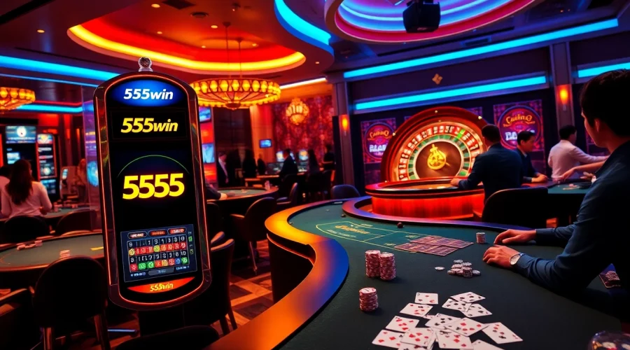 Gamble at 555win featuring an exciting casino scene with vibrant tables and playing cards.
