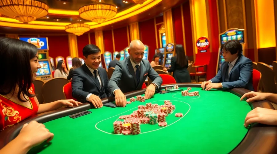 Action at an MM88 poker table with vibrant chips and excited players enhancing the gambling experience.