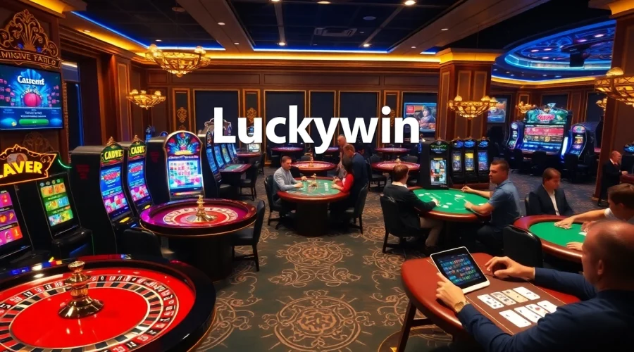 Experience the excitement of gaming at Luckywin's luxurious casino with vibrant tables and polished decor.