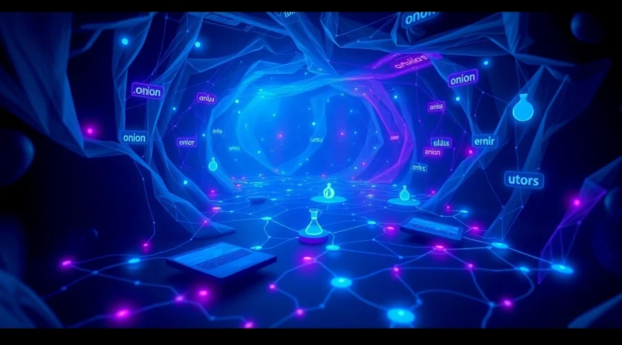 The Hidden Wiki's digital map showcasing .onion links in a dark web atmosphere with mysterious blue hues.