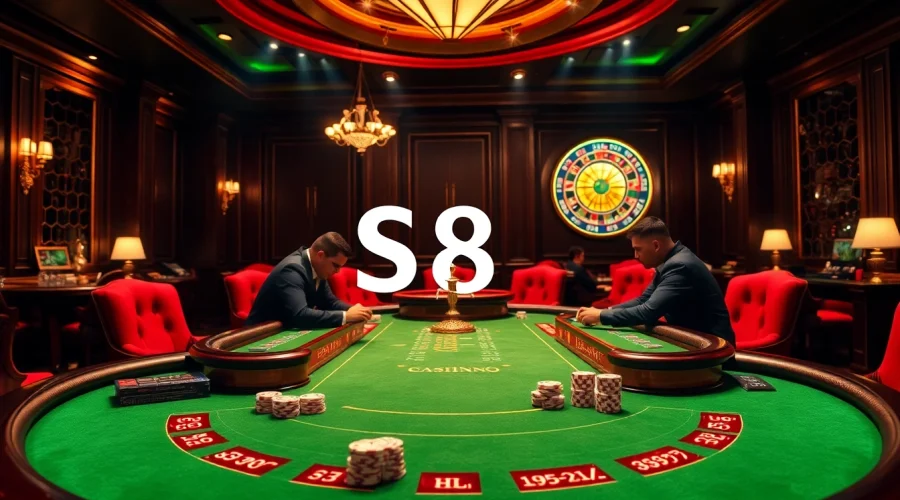 S8 offers exciting poker gameplay amidst an elegant casino backdrop full of vibrant colors and luxury.