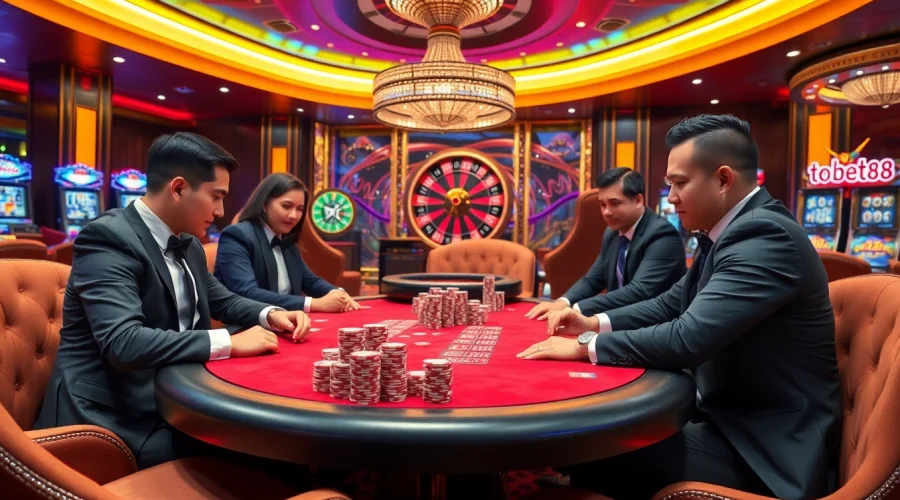 Players enjoying an intense poker game at tobet88 casino, surrounded by vibrant lights and luxury.
