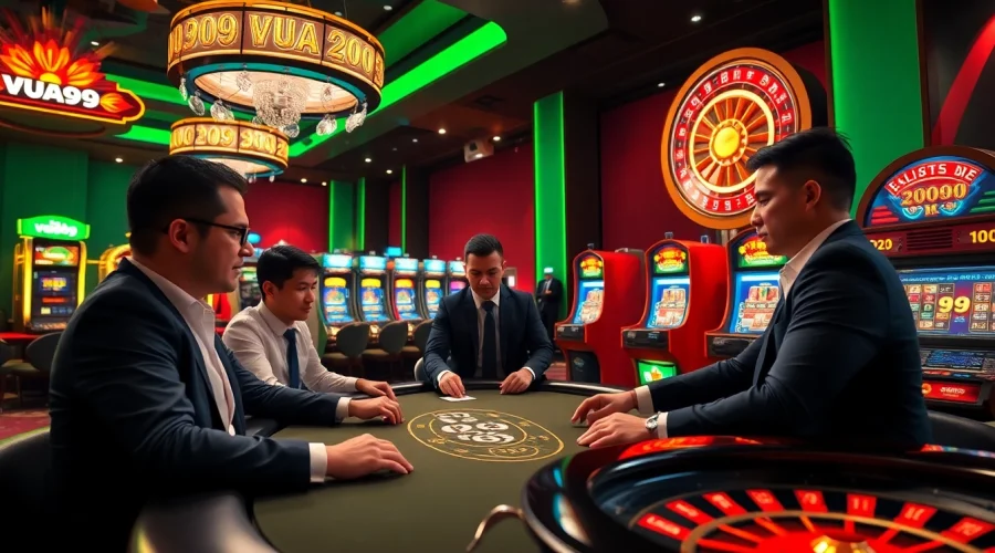 Vua99 gamblers strategizing over intense poker games at a luxurious casino table.