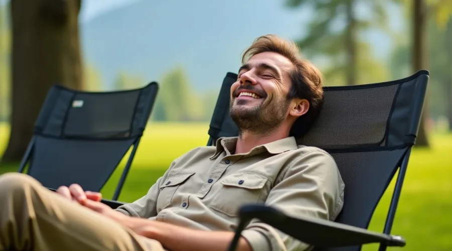 Man relaxing in lightweight camp chairs outdoors