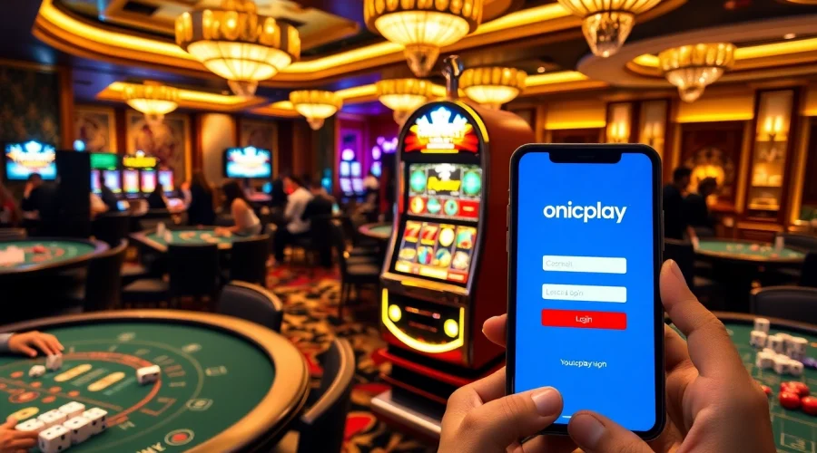 Engaging scene showcasing onicplay login at a luxurious casino with slot machines and poker tables.