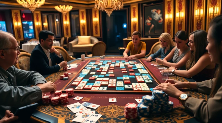 Play רמיקוב אונליין with friends at an elegant casino table featuring colorful tiles and poker chips.