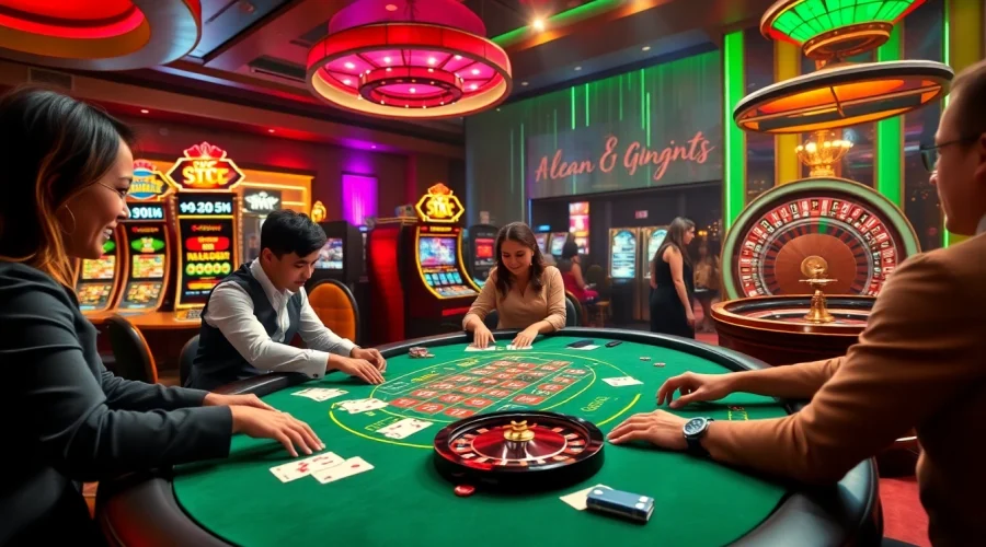 Players enjoy a thrilling casino experience at ok88, featuring engaging blackjack tables and vibrant slot machines.