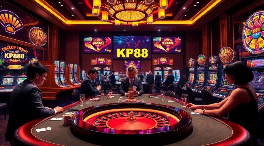 KP88 casino scene with players enjoying high-stakes poker and roulette games, enhancing the gambling experience.