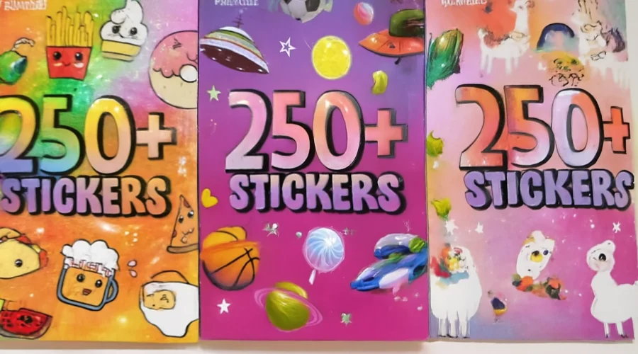 colorful sticker books labeled '250+ Stickers
