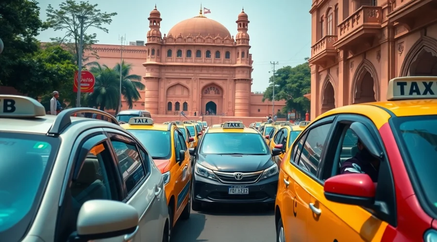 Experience reliable Jaipur Taxi Service with clean, sanitized vehicles in a vibrant street scene.
