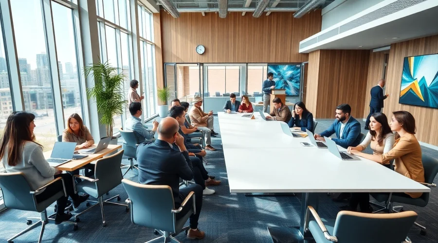 Commercial office space bustling with professionals collaborating in a modern environment.