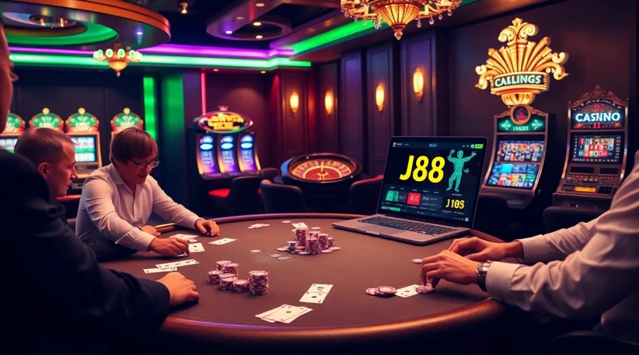 Players strategizing at a stylish poker table while enjoying j88 online gaming in a luxurious casino environment.