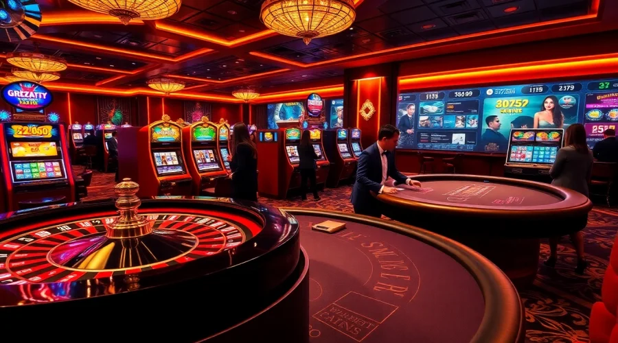 Experience the thrill of winning at 32win with a vibrant casino scene featuring roulette and slot machines.