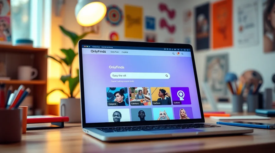 OnlyFans Search interface on a laptop, showcasing vibrant categories for creators.