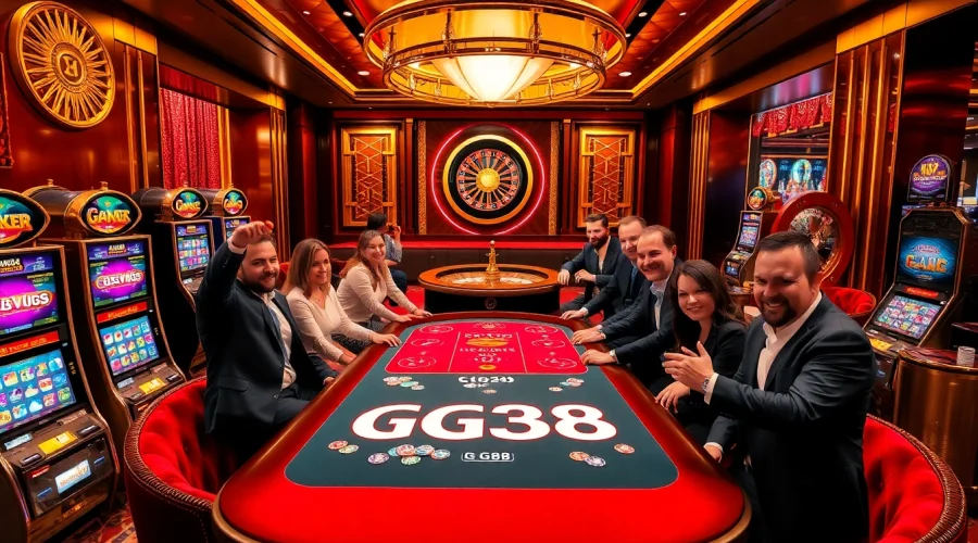 Players enjoying the GG88 gaming experience at a luxurious casino table with vibrant slot machines.