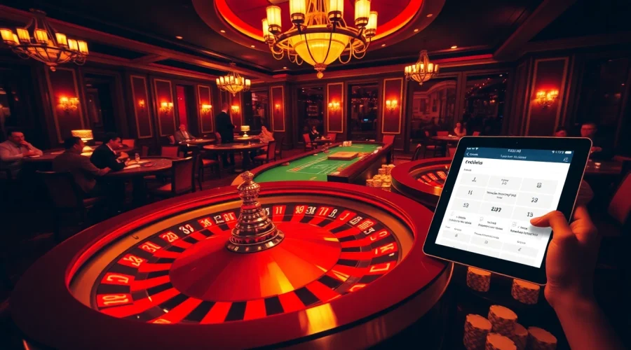 Play credit online at an elegant casino with a spinning roulette wheel and vibrant poker tables.