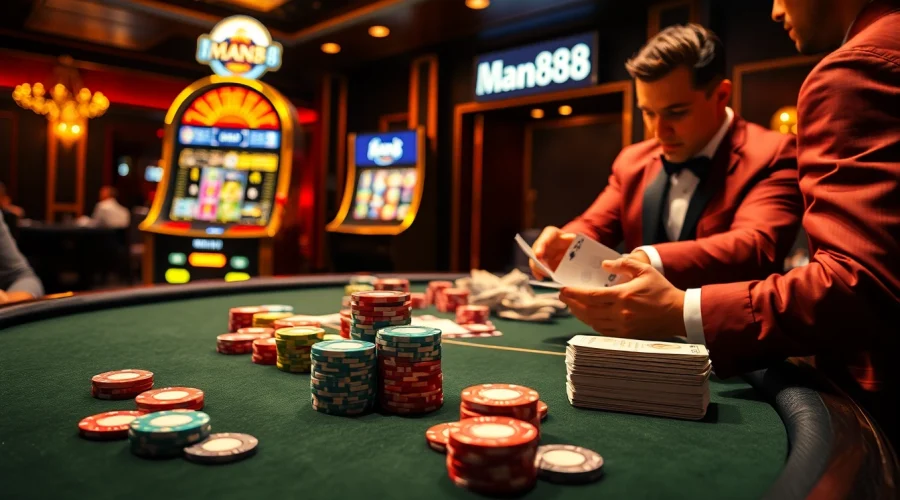 Experience the thrill of winning at Man88 casino with vibrant poker tables and lively slot machines.
