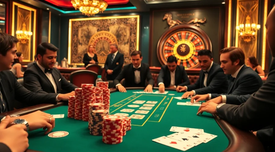 Exciting poker game scene at 789f casino with luxury table, chips, and cards.