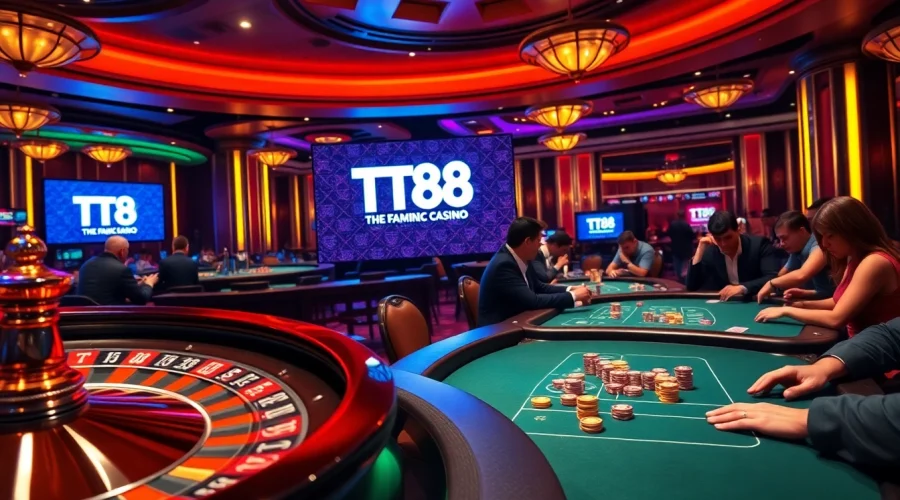 Gamblers enjoying classic games at a vibrant casino, featuring TT88 branding subtly.