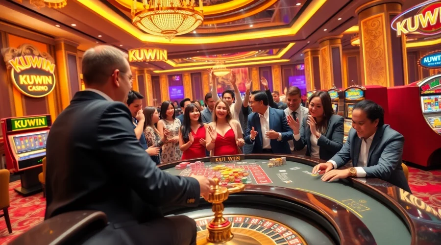 Experience the excitement of KUWIN through a vibrant casino scene showcasing players engaged in thrilling gambling activities.