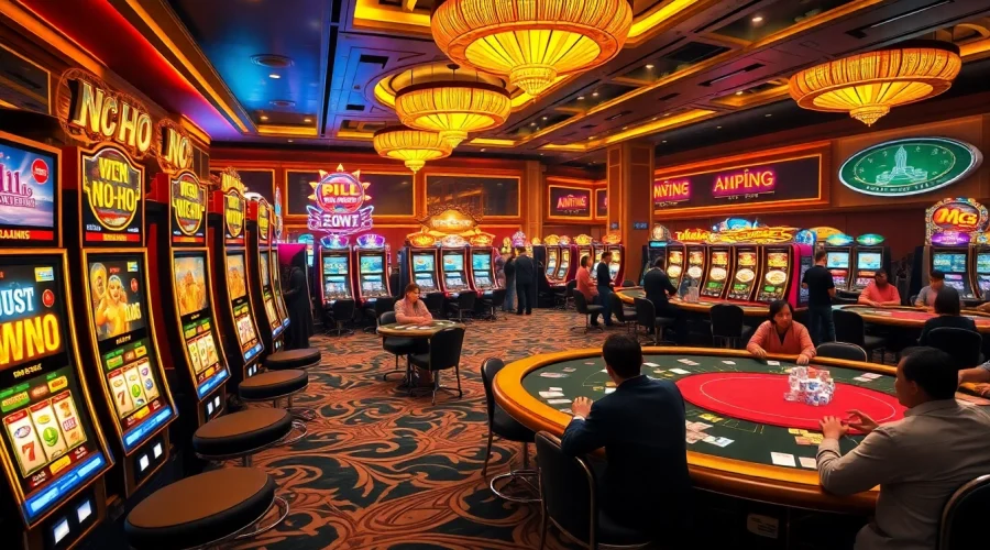 Exciting slot machines and players celebrating wins in a luxurious nổ hũ casino scene.