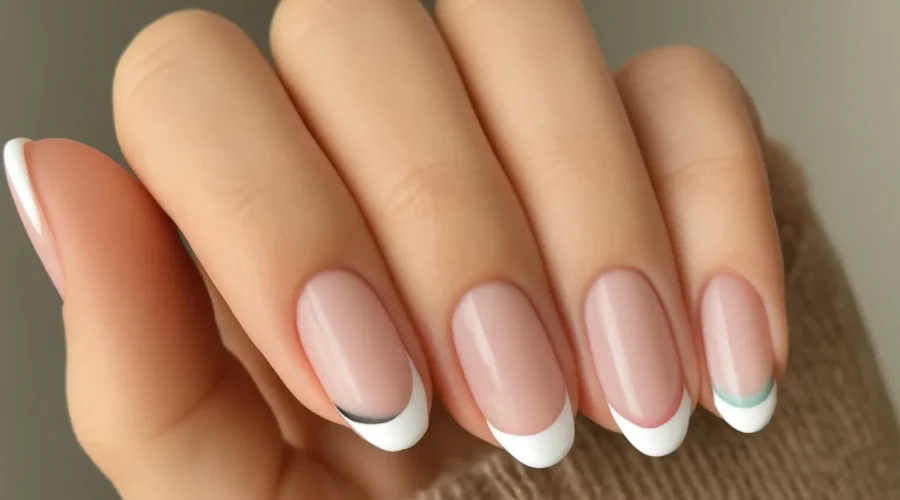 Short summer nails with a modern French manicure and almond-shaped design