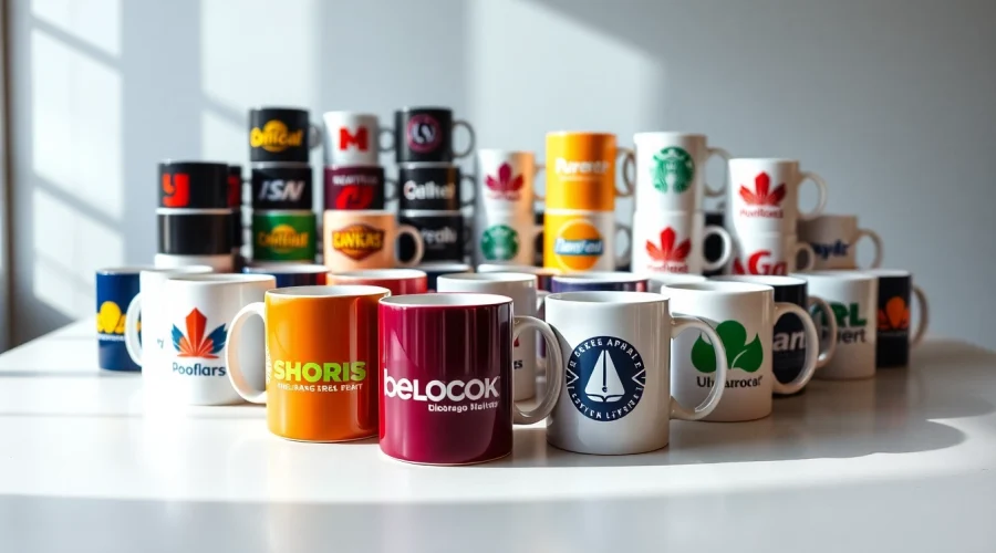 Individualūs puodeliai su ryškiais logotipais, demonstruojantys įmonių prekės ženklo kūrimo galimybes.