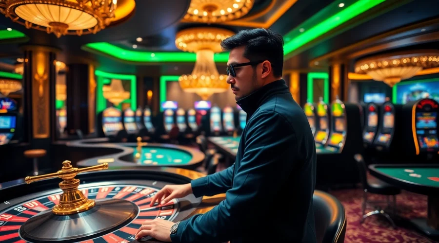 Luxurious casino scene featuring a stylish individual in Essentials Tracksuit placing bets at a roulette table.