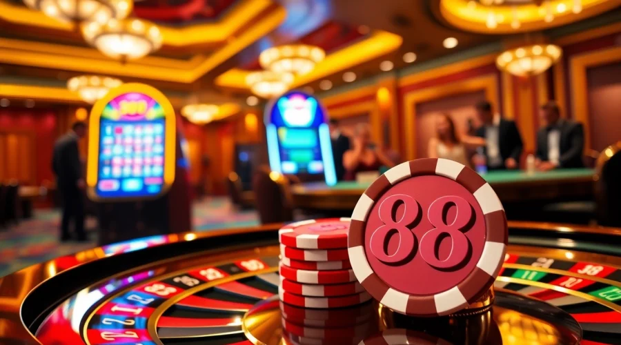 Experience the thrill of good88 at a vibrant casino table filled with poker chips and roulette.