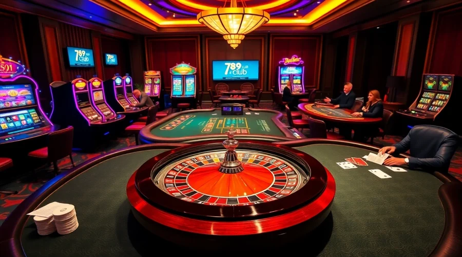 Engage with the thrilling atmosphere of đăng nhập 789club at a luxurious casino with roulette wheels and poker tables.