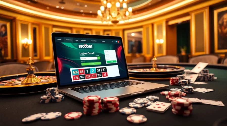 Engaging online gambling scene depicting sbobet login on a laptop with casino elements.