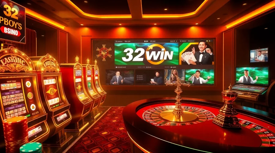 Exciting gaming scene at 32win trang chủ showcasing poker chips and a roulette wheel