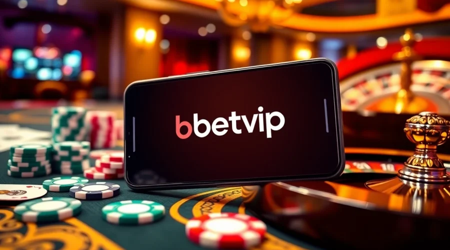 Trải nghiệm cảm giác hồi hộp của ứng dụng BetVIP trong một môi trường casino sang trọng, trưng bày chip poker và các quân bài.